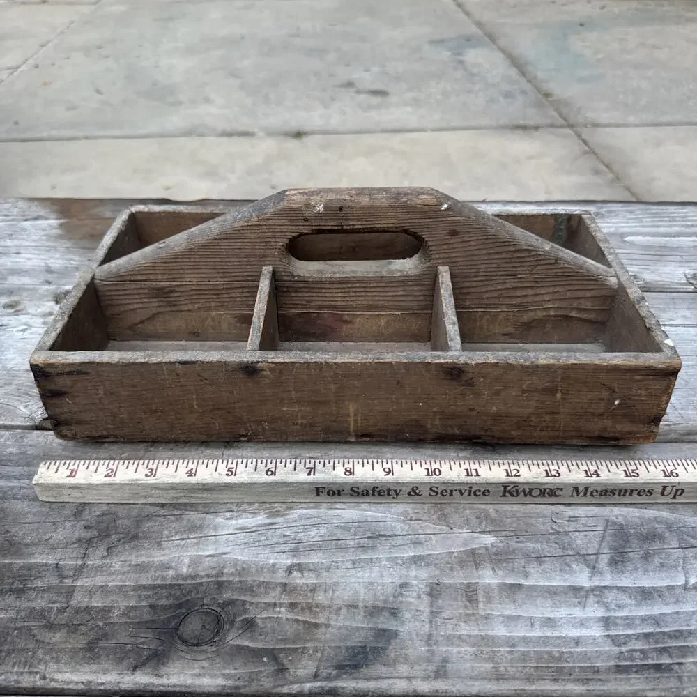 Vintage 6 Comp Wood Garden Tool Tote Caddy Toolbox Handmade Carpenters